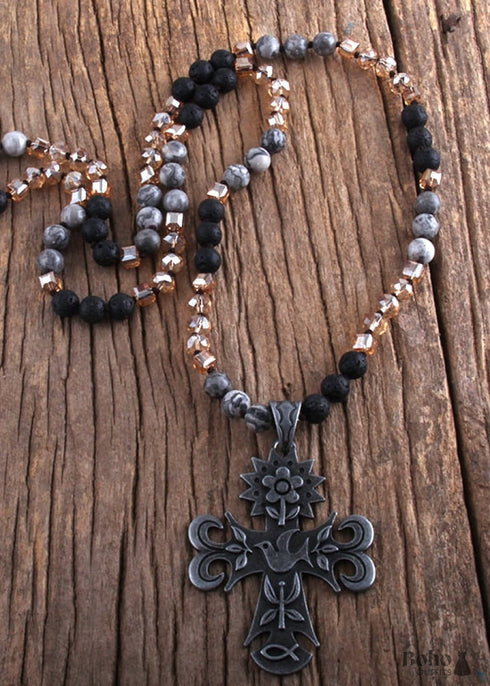 Boho Necklace, RH Precious Lava Stone, Cross and Bird